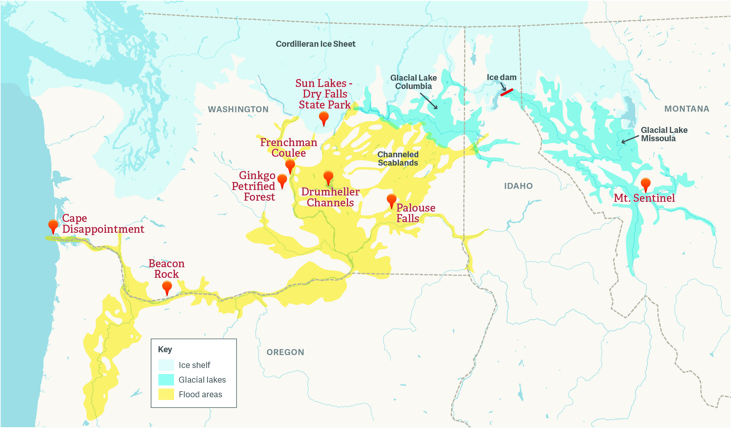 Map of Washington highlighting ice age flood map in yellow across the state.