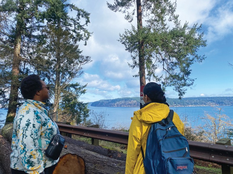 Two hikers gaze out over the Puget Sound.