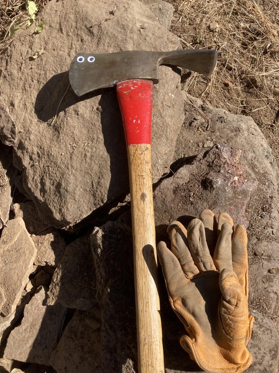 A Pulaski rests on a rock with a pair of gloves next to it. There are two googly eyes on the head of the tool.