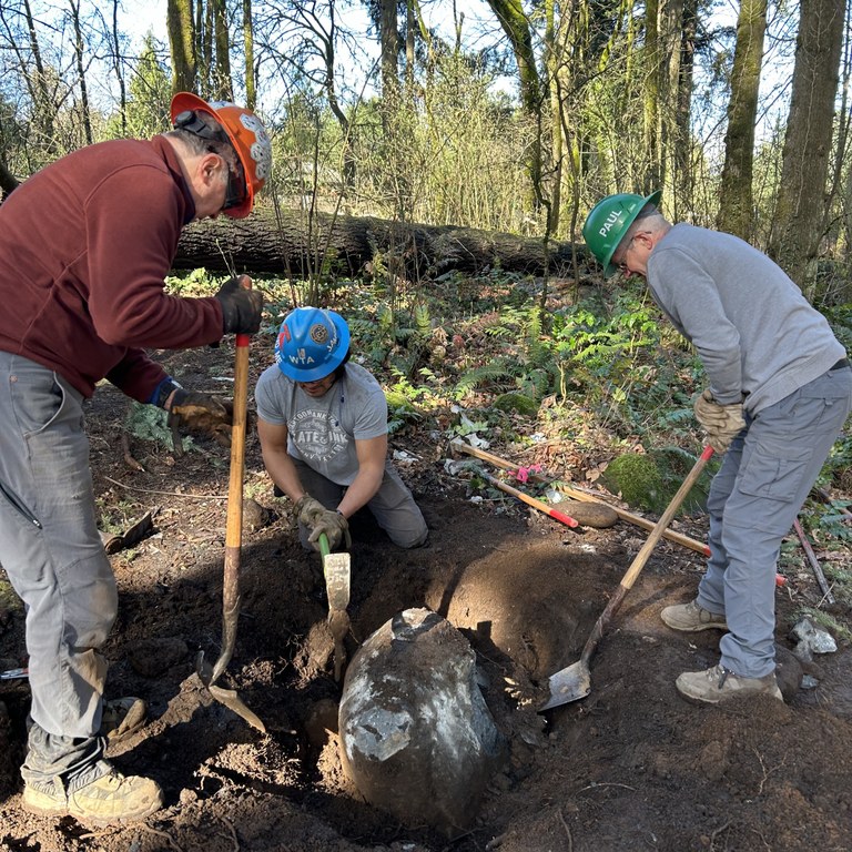 Three WTA trail maintainers dig an enormous bolder out of the trail.