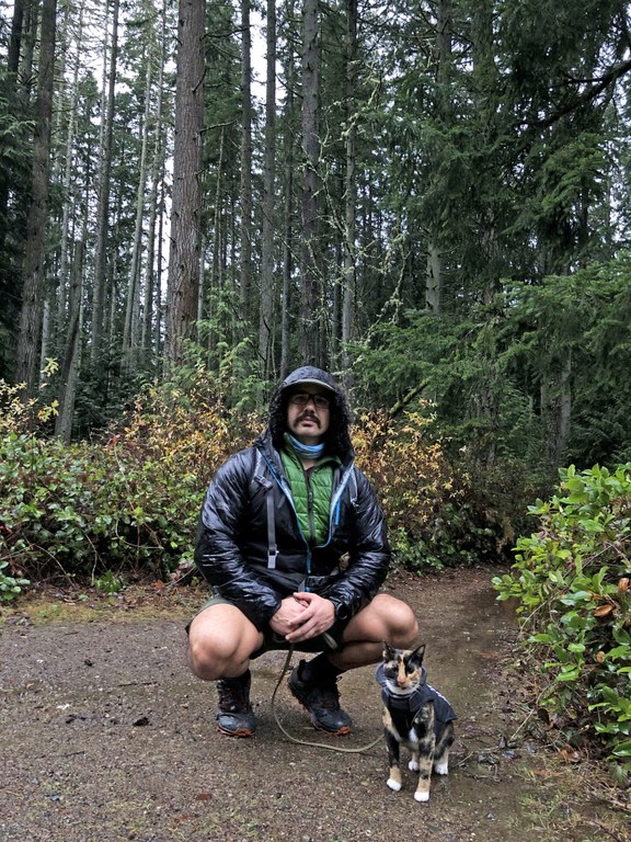 A hiker and his cat at a local state park.