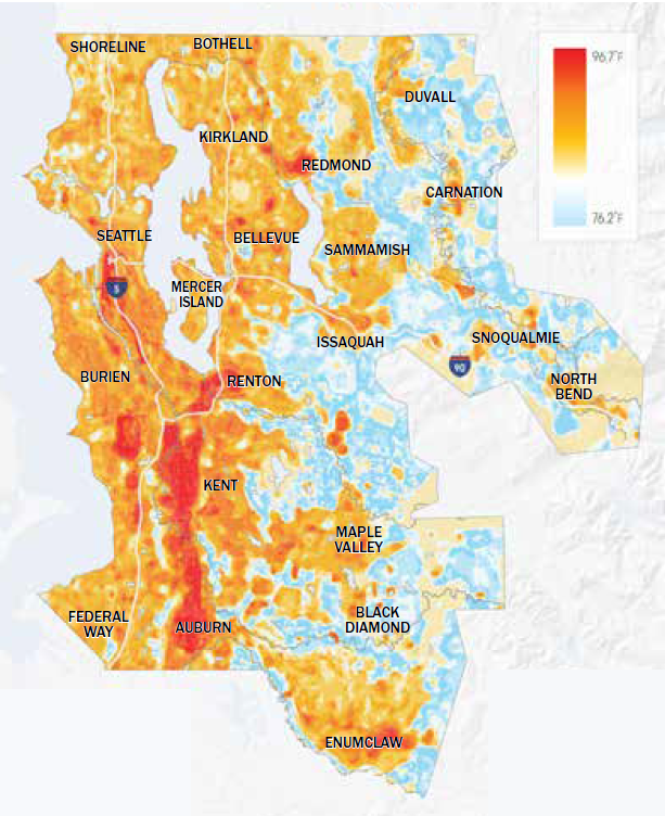 The King County Heat Island Map shows surface temperature data collected on July 27, 2020 as part of a heat mapping campaign. People living in heat islands (shown in red) tend to have less access to the cooling effects of green spaces than those living in cooler areas, which tend to have nearby access to forests.  A heat map of King County.