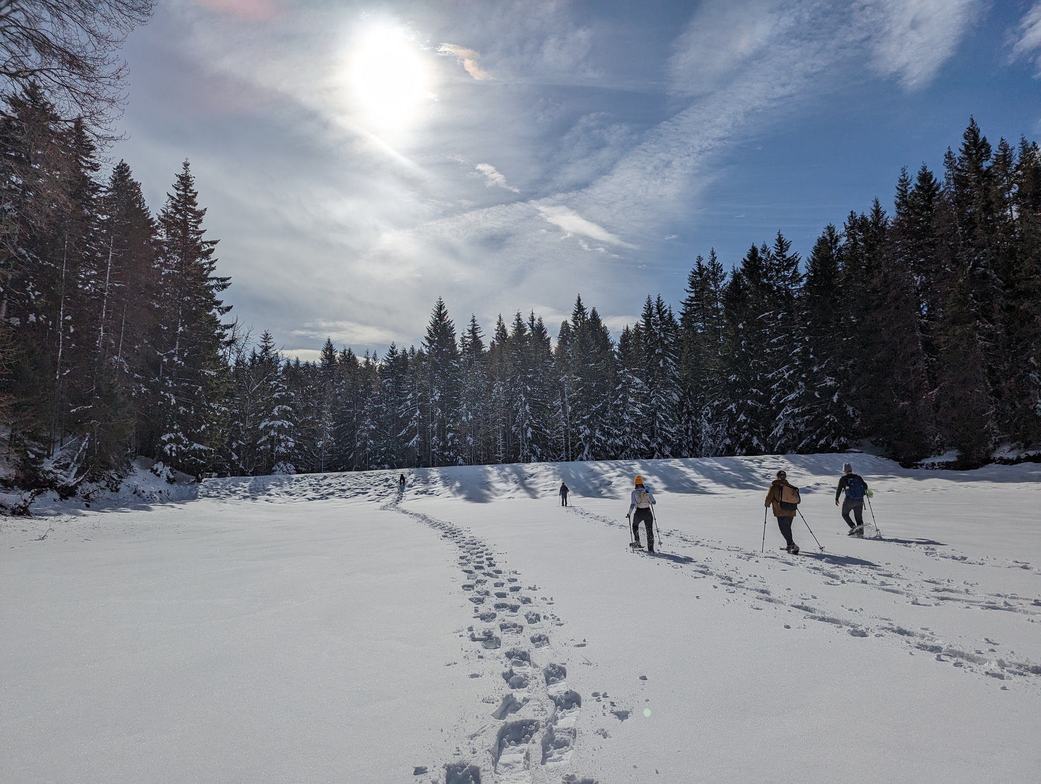 Snowshoers make fresh tracks across a snowy field near Kachees Lake. Photo by Naama Daniel 