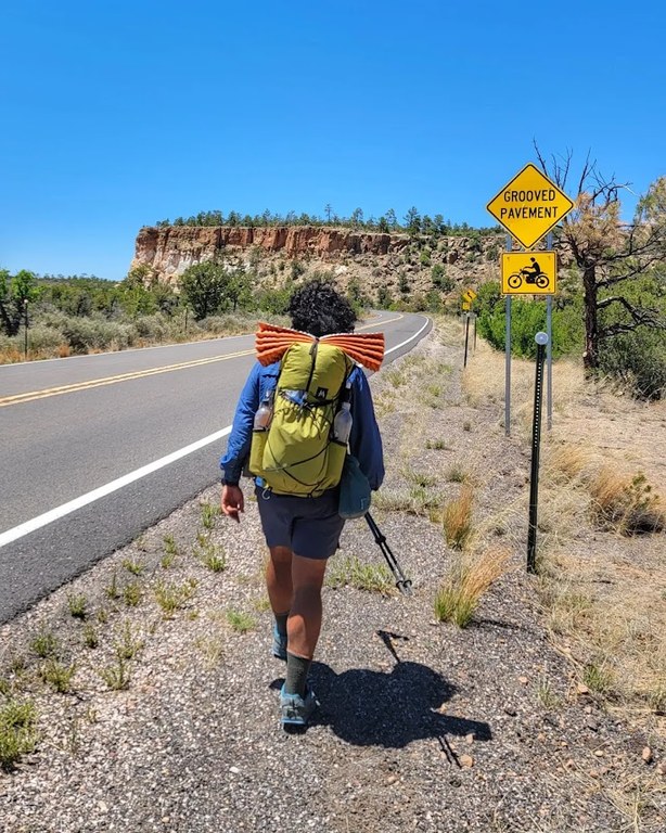 A hiker with a green backpack walks down a desert road in New Mexico.