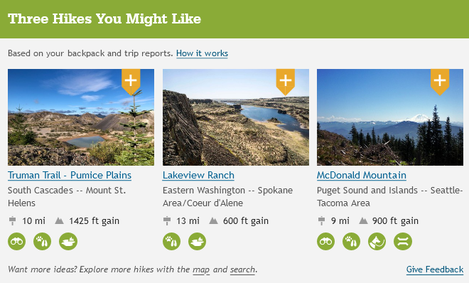 Screenshot of hike suggestions