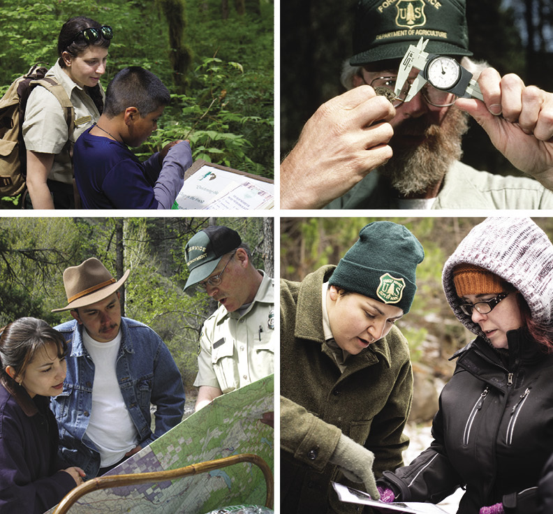 A panel of four photos shows Forest Service employees helping visitors on trail and one image of Forest Service employee measuring the bill of a small songbird. 