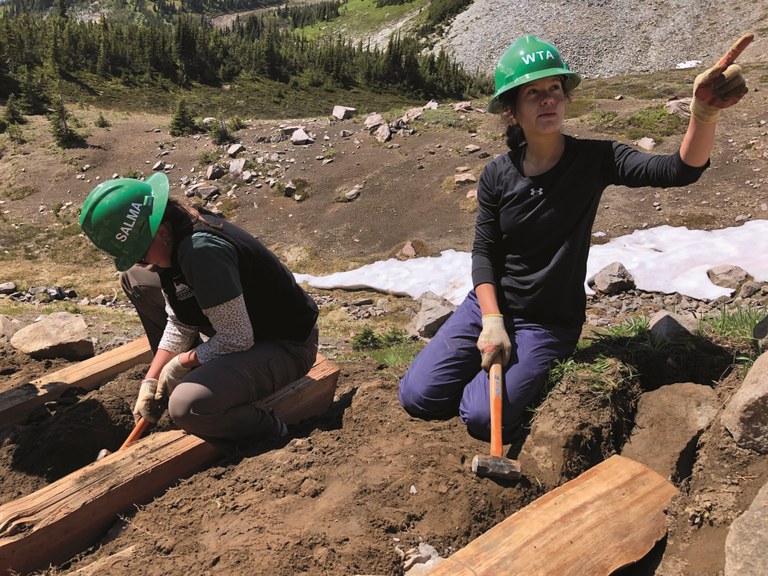 Latina Trail Crew building steps at Mount Rainier National Park.