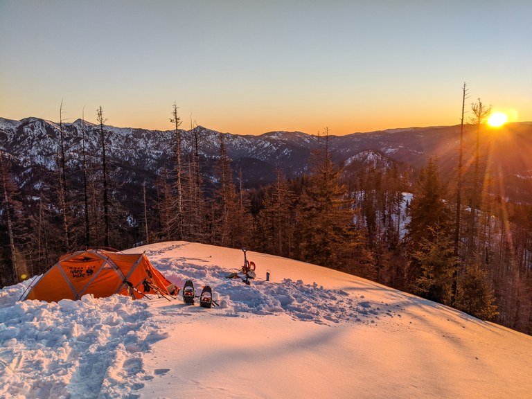 A snowy camp set up in the Teanaway