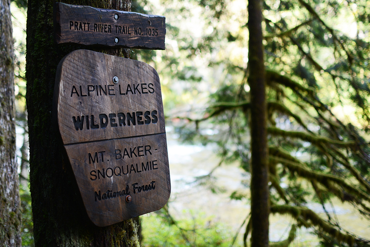 A trail sign on a tree reads: Pratt River Trail No. 1035. Alpine Lakes Wilderness. Mt. Baker-Snoqualmie National Forest. 
