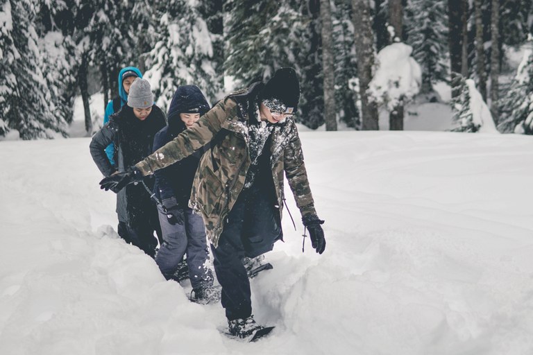 Four hikers snowshoe on a trail.