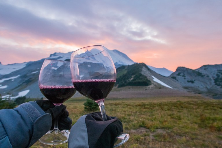 Two wine glasses are lifted in a toast before a mountain.