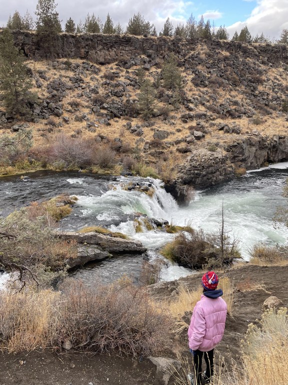 Steelhead A hiker looks out over a river in a desert canyon.