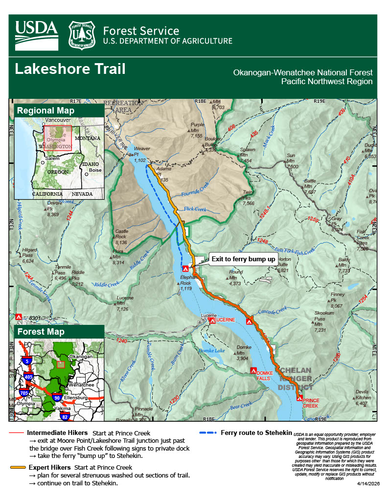A map of the Chelan Lakeshore Trail with current conditions as of mid-April 2026. Map courtesy of the U.S. Forest Service.