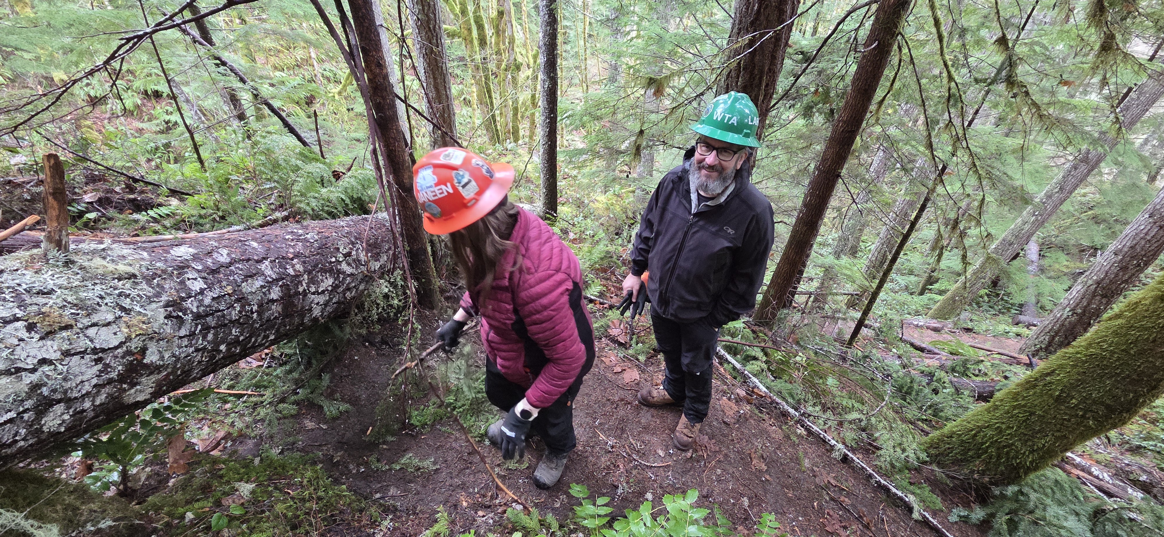 WTA assistant crew leader and a volunteer assess a trail blocking the trail.