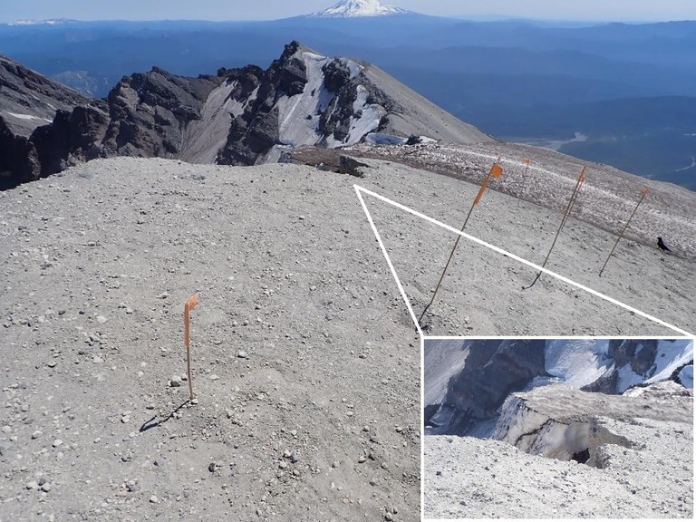 Mount St. Helens collapsed crater rim section flagged off with a close-up of the collapsed part. Photo by Andy Goodwin, courtesy of the Forest Service, Mount St. Helens National Volcanic Monument and District.