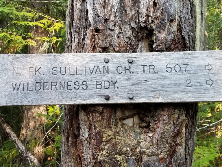 A trail sign seen along North Fork Sullivan Creek