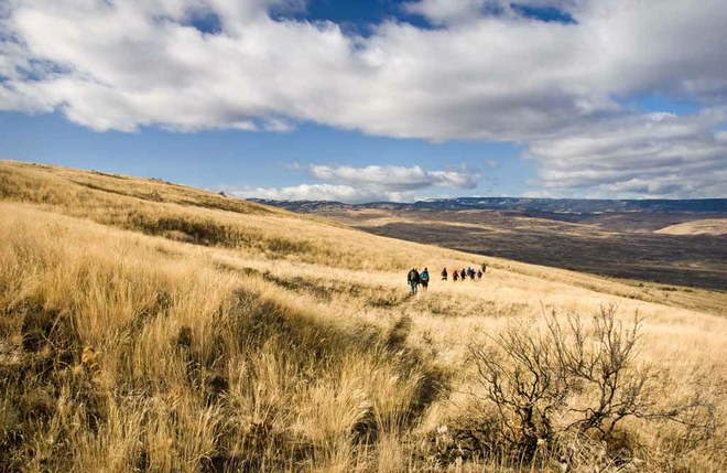 A line of hikers in autumn along the Cowiche Mtn Loop Trail at Snow Mountain Ranch. Photo (c) David Hagen