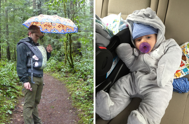 AJ bundled up for a rainy day of hiking, and staying dry in the carrier with an umbrella. Photo by Krista Dooley. 