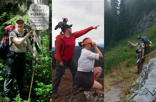 Kim Brown and Gwen Tollefson pointing as rangers, both on and off-duty. Photos by Jim Kuresman