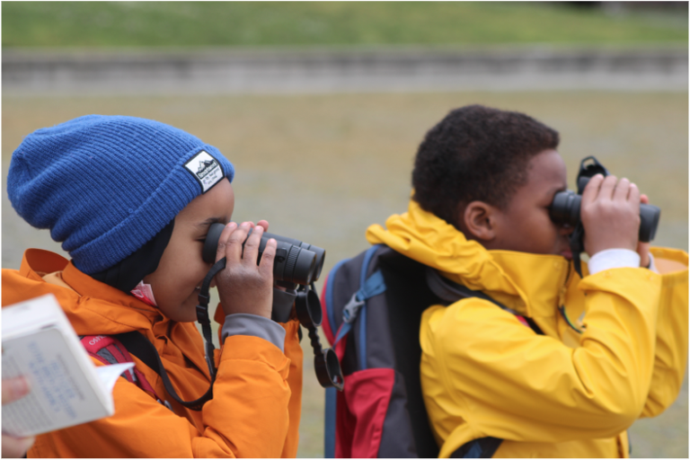 Two youths use binoculars. 