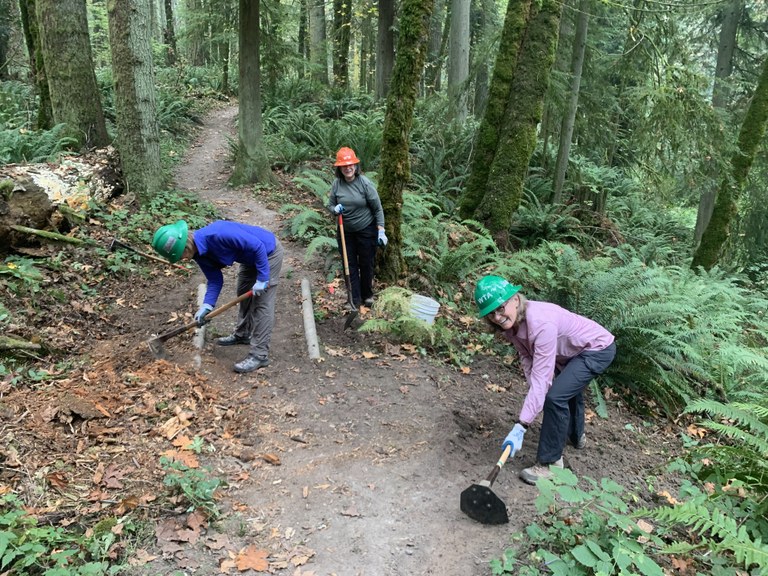 A group of volunteers use trail maintenance tools to perform routine trail maintenance at Whipple Creek Park.