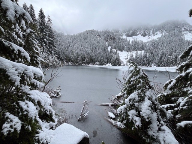 A frozen Annette Lake on a cloudy gray day. Photo by shegoat.