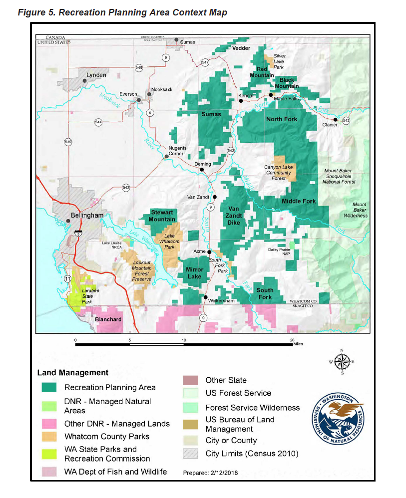 Map showing the area of the Baker to Bellingham plan with other nearby DNR lands and lands managed by other local, state and federal agencies