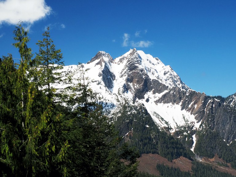 View of Big Four Mountain from Barlow Point trail on a sunny day along the Mountain Loop Highway. Photo by trip reporter thebrink.