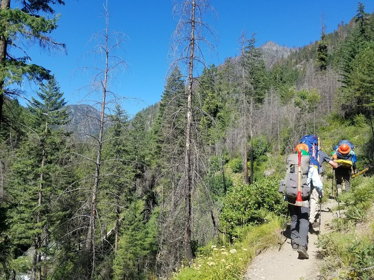 Volunteers carrying backpacks into a backcountry response team work party. Photo by Patrick Donaghue.