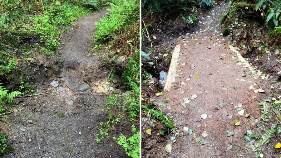 At left, muddy stretch of trail; at right, smooth trail surface flanked by wooden supports