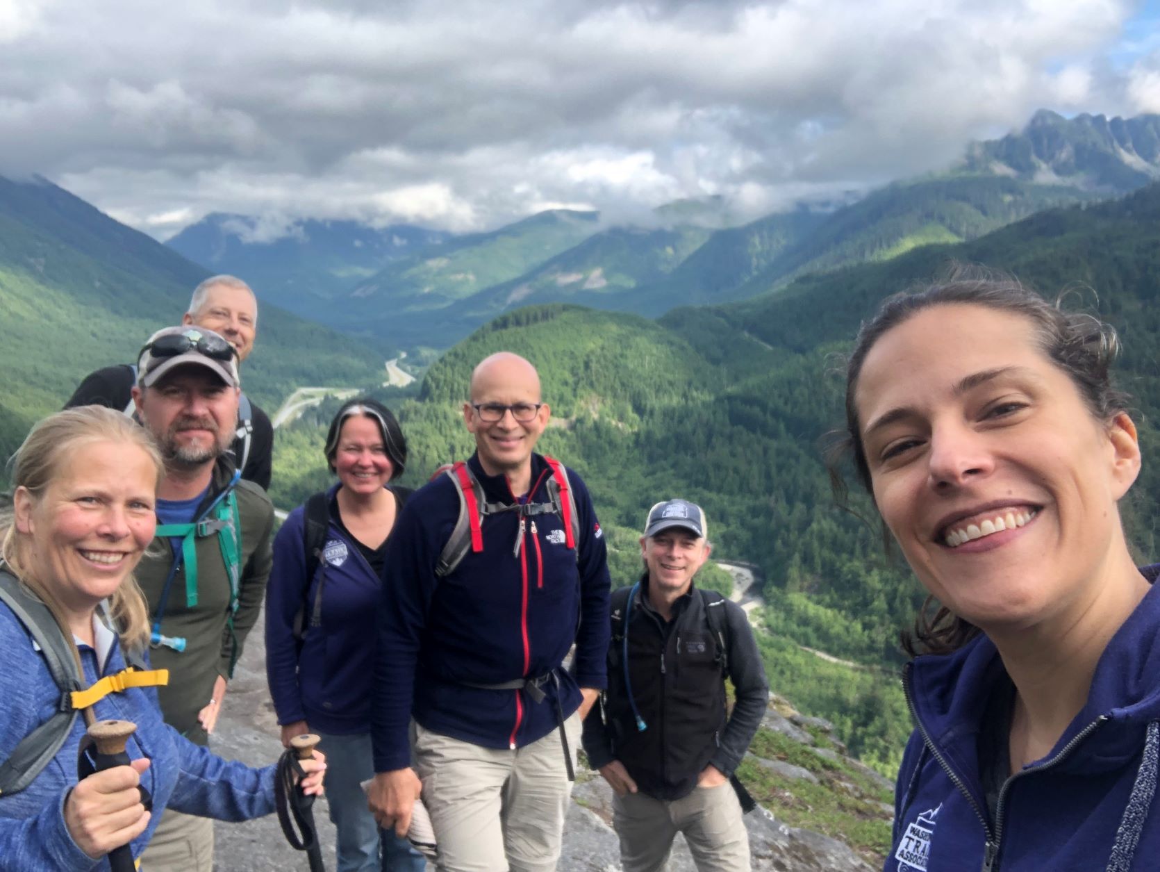 WTA's CEO Jill Simmons (on right) and several WTA board members hiking up to Dirty Harry's Balcony to check out the amazing trail work done by our volunteers. 