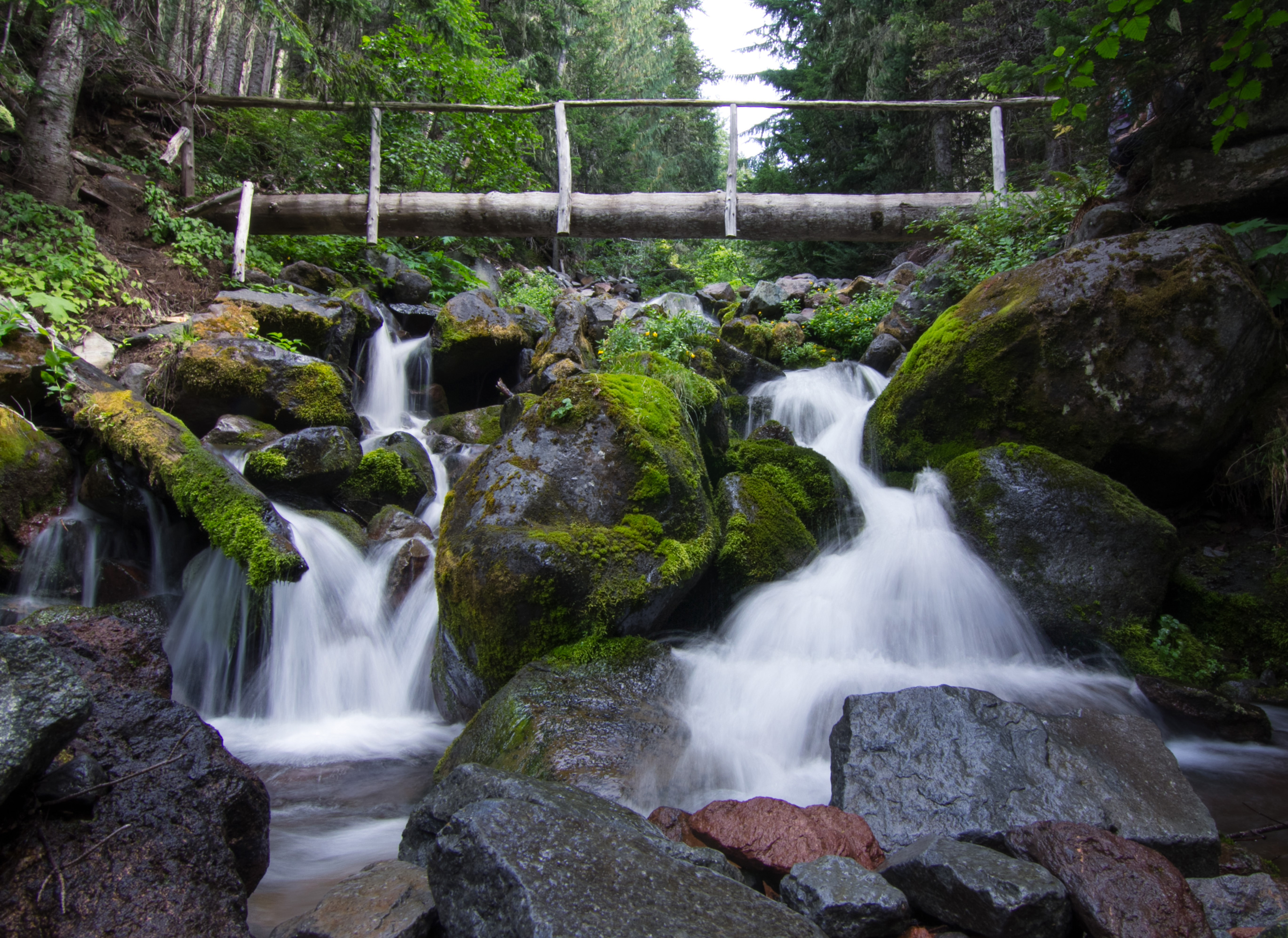 Bridge over spray park A narrow log bridge crosses over a short, steep waterfall.