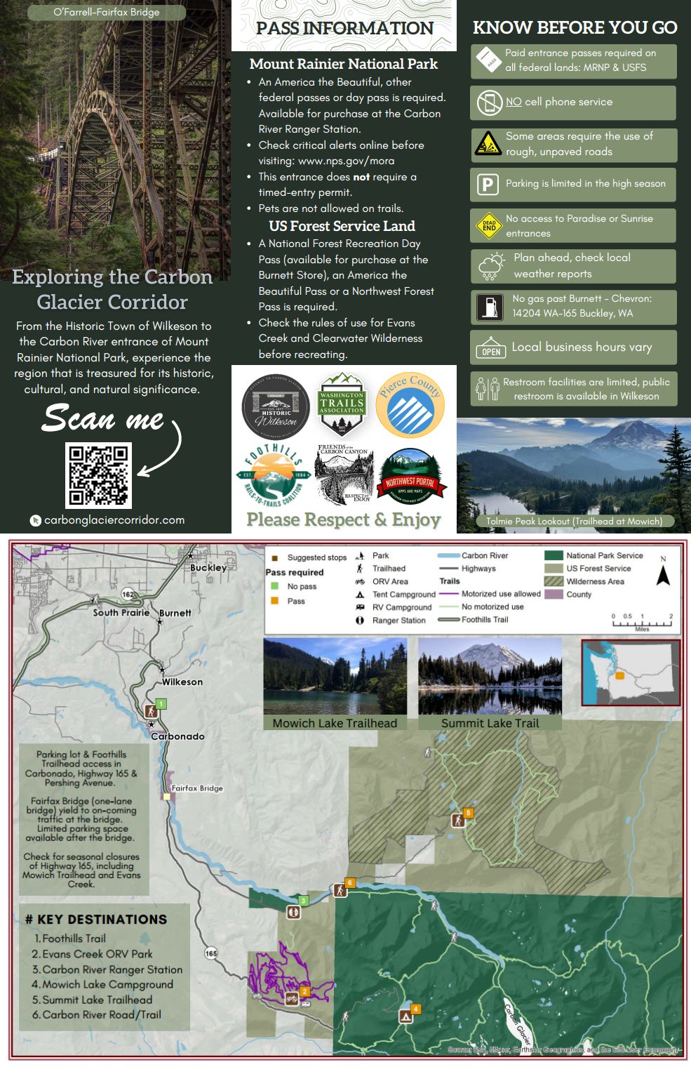 Map showing safety information, required passes, key trails, campgrounds and other points of interest in the Carbon Glacier Corridor