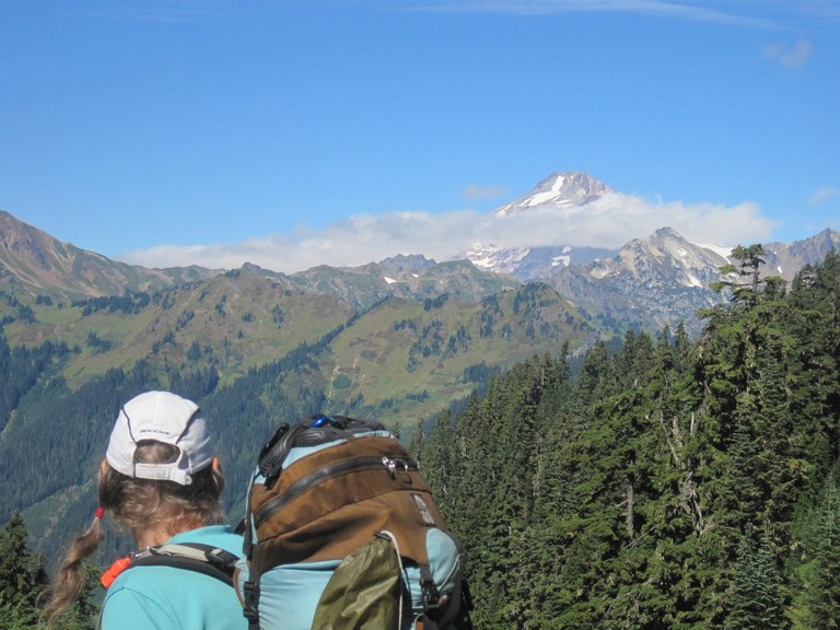A backpacker with grey hair in pigtails looks at a volcano on the horizon. 