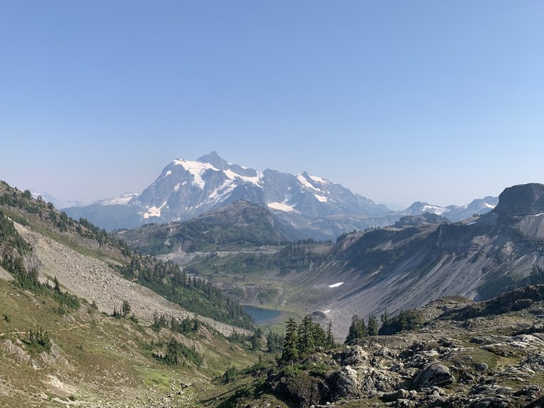 A view from a saddle over to Mount Shuksan.