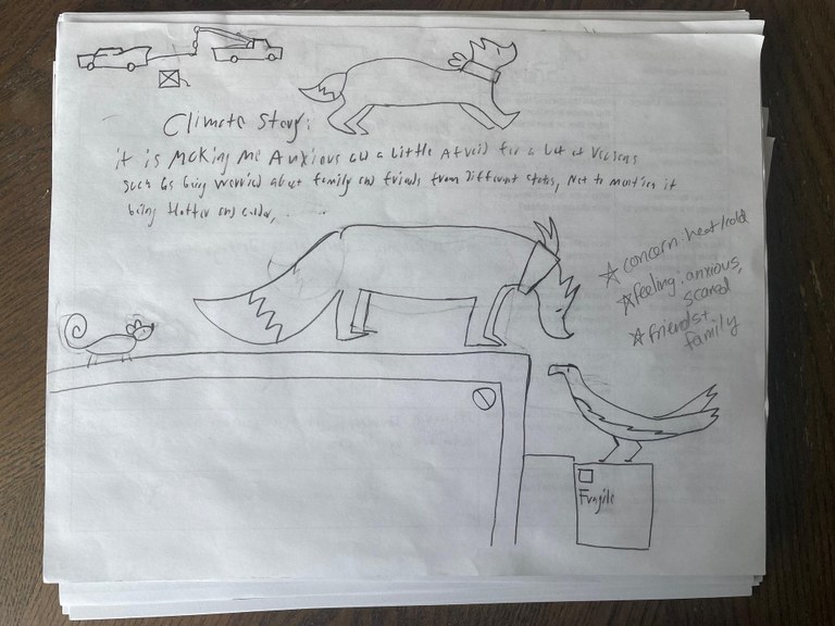 A pencil drawing of a story with a dog looking at a bird. 