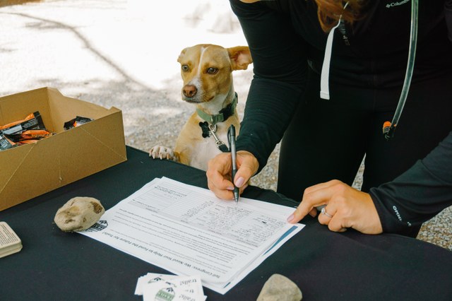 A hiker and her four legged friend show their support for trail funding on Washington Trails Day. Photo by Erik Haugen-Goodman.