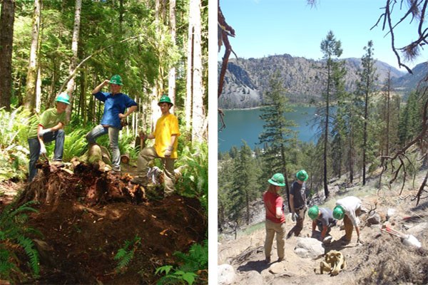 Youth volunteers enjoying a week on trail in 2007 (left) and 2016 (right). Photo by WTA staff.
