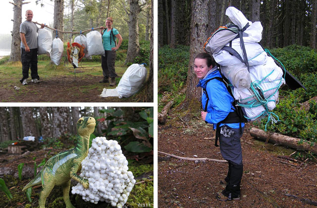 Ultra-heavy hikers practice their agility with supersized packs of trash from trails. Even non-humans can get behind this method of weight training. Photos by Kelsie Donleycott and Ken Donleycott.