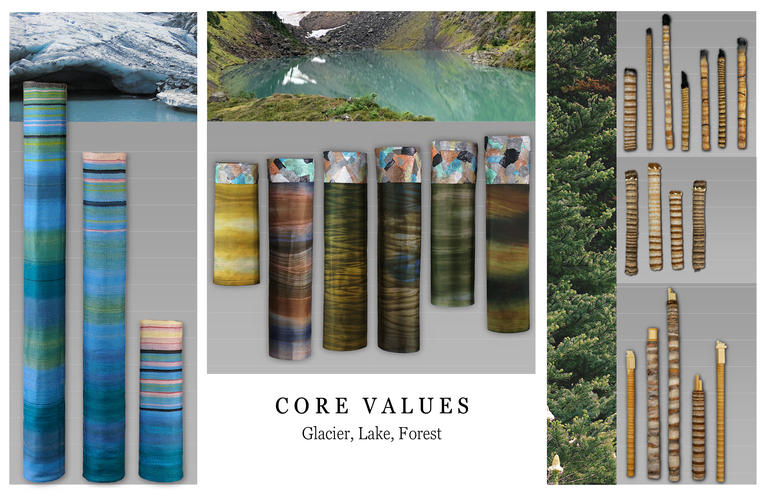 Hand-made textiles show a represenation of cores from glaciers, soils and trees.