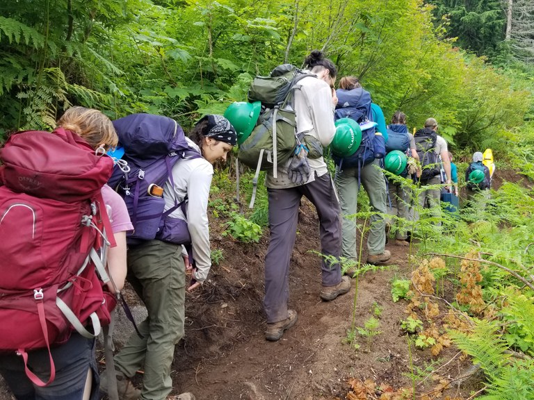 A trail crew hikes into the backcountry with backpacks and green hats. Photo by Joe Gonzalez.