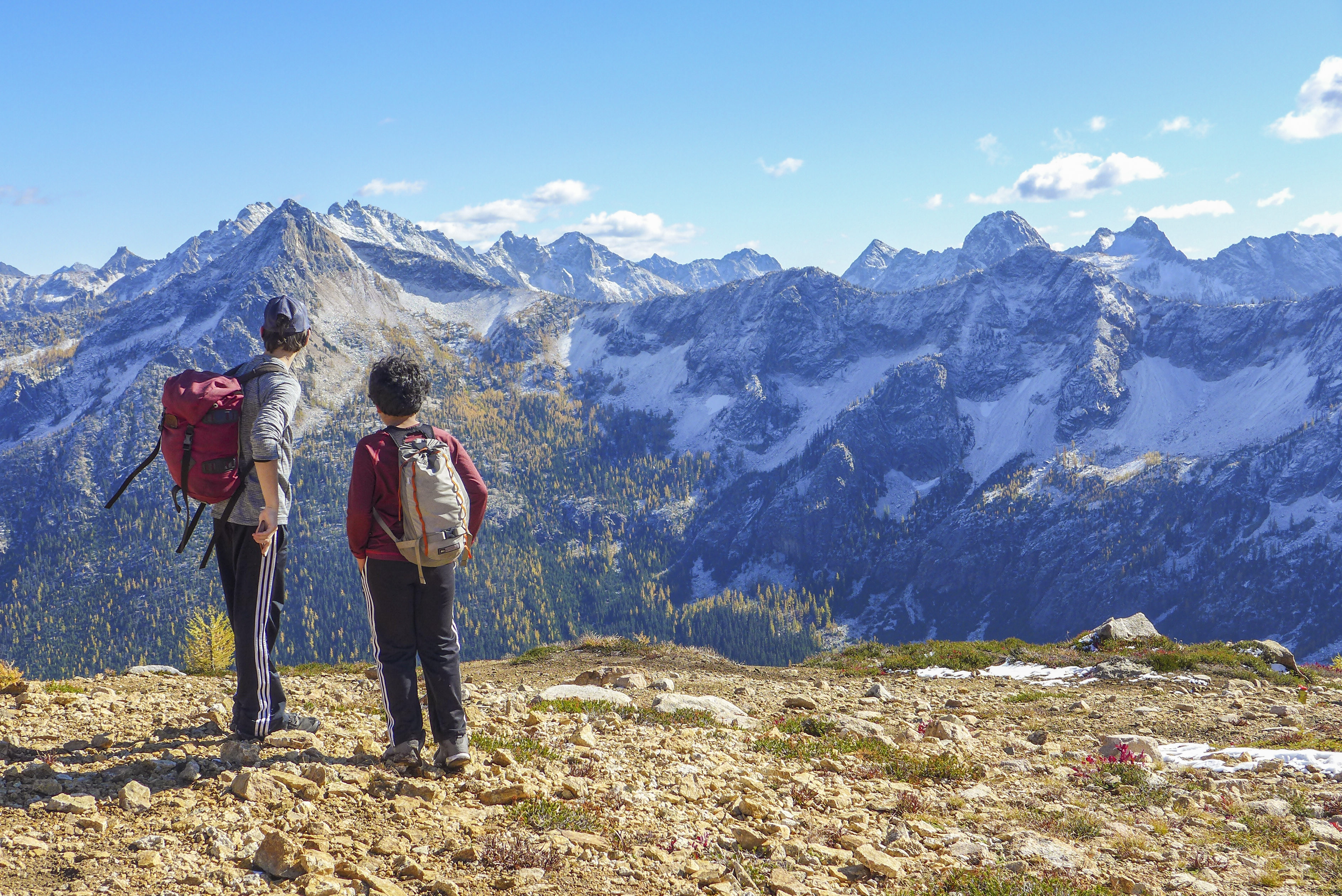 Two kids stand looking at rugged, snowy peaks dotted with larches
