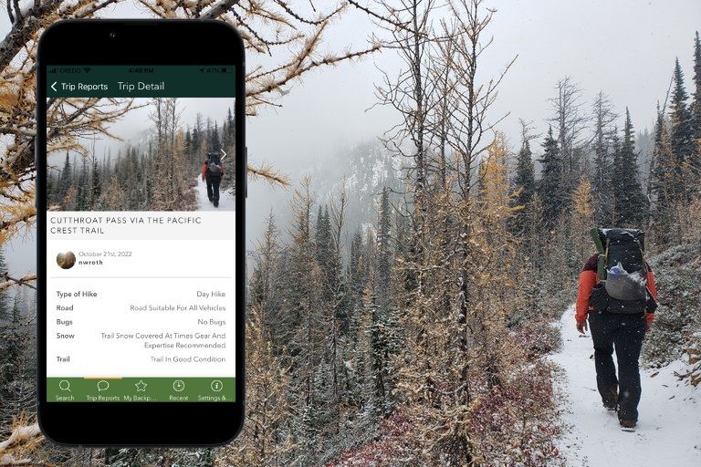 Hiker walks on snowy trail with inset image of trip reports on the mobile app