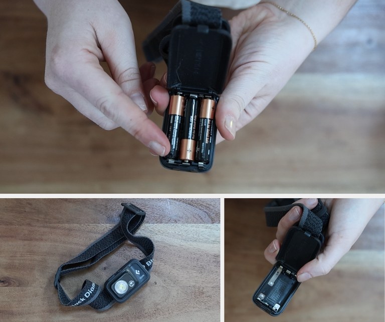 Top image, pointing to batteries in back of grey, blackdiamond headlamp. Bottom left, picture of headlamp, bottom right open, empty headlamp.
