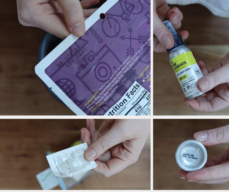 Four pictures, one of expiration date of purple backpacking meal. One of front of silver, yellow and white sunscreen bottle below an image of expiration date. Bottom left corner picture of first aid expiration date. 