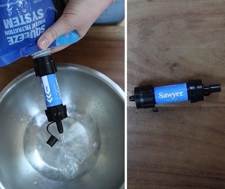 Two side by side images of blue sawyer water filter. Filter being squeezed on left and just filter on right.