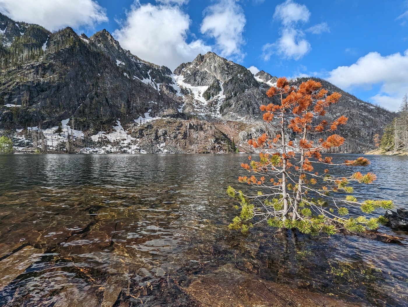 Eightmile Lake with snowy peaks behind