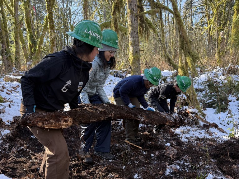 The cohort members moving a large log together at Moss Lake. Photo by Angelic Friday.