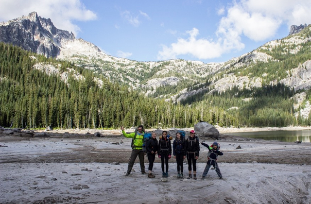 Two families combined efforts and backpacked in to the Enchantments for 3 nights of family fun. Photo at Snow Lake by Surviving Urban. 