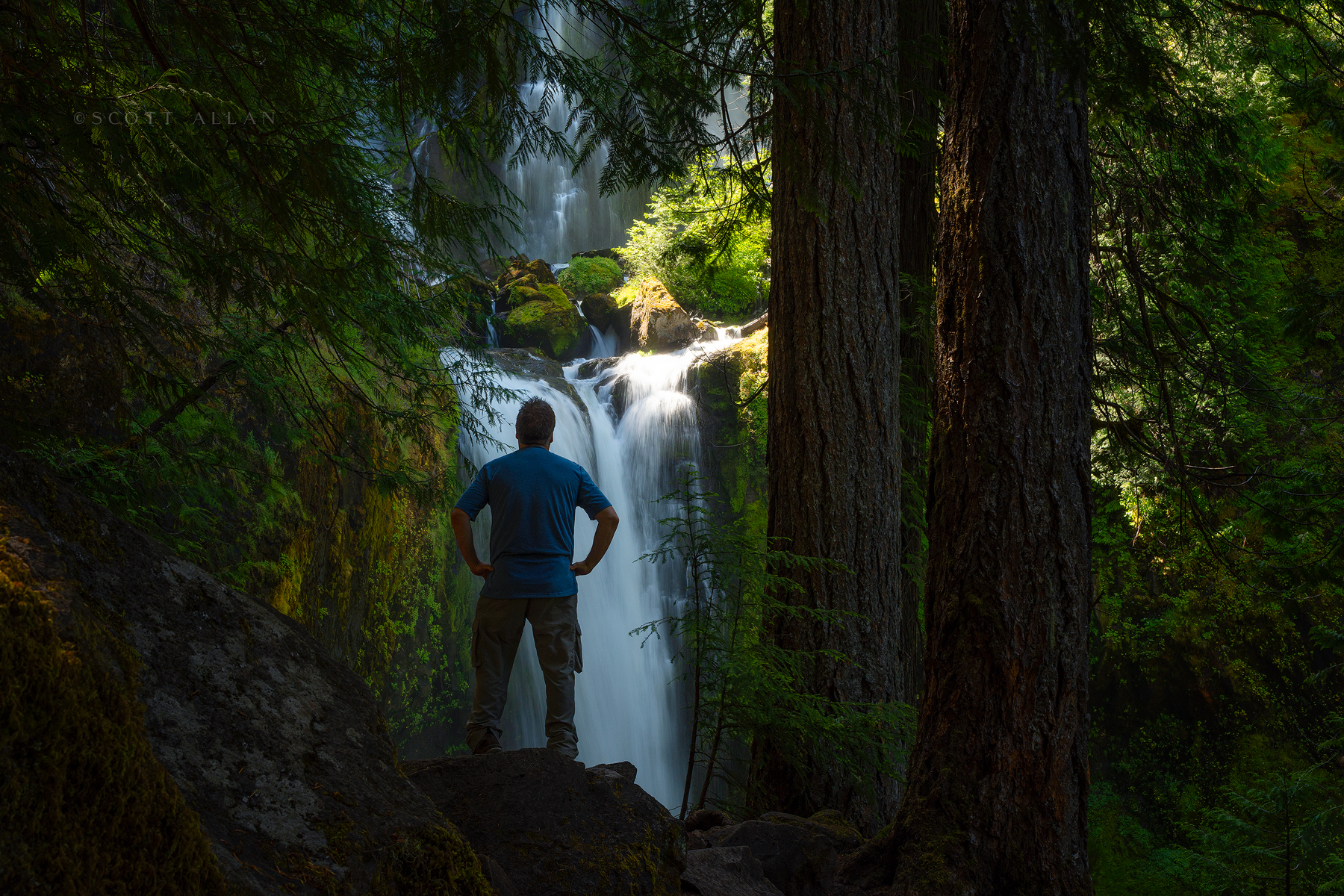 Silhouette of a man admiring a waterfall in front of him.